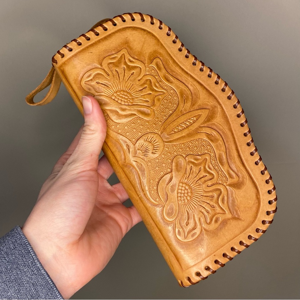 Hand-Tooled Leather Floral Clutch